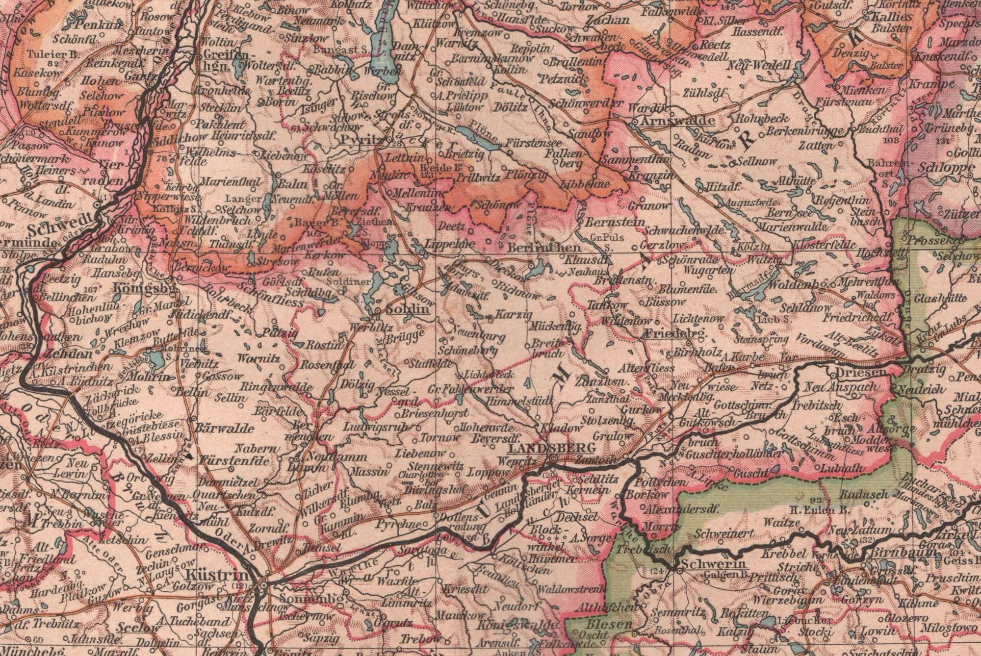 Pomorze Wielkopolska Ziemia Lubuska Duża efektowna mapa 1893 r. autent