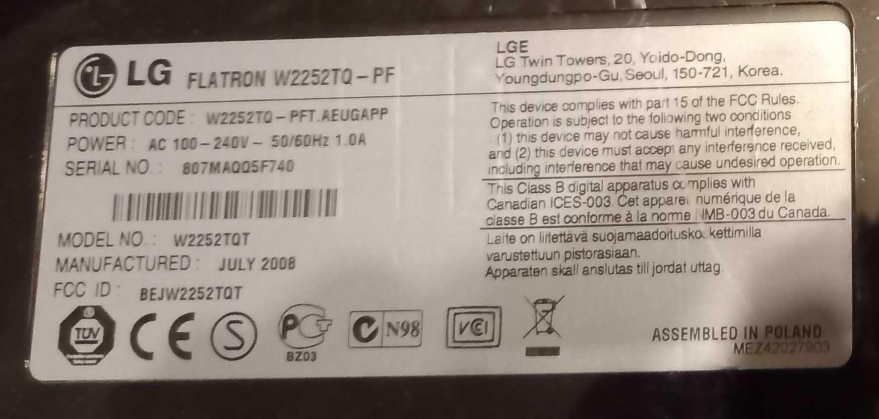 Monitor LG Flatron W2252TQ-PF