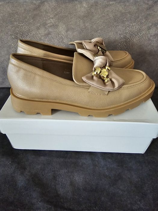 mokasyny espadryle, botki brązowe, ciemny beż z kokardką 40