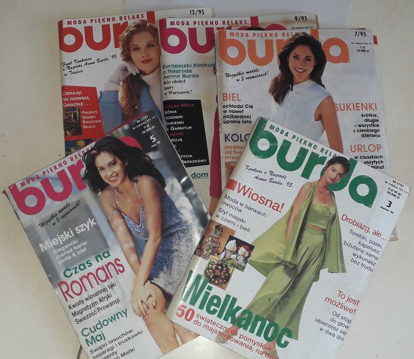 Miesięczniki modowe BURDA 1995 - nr 3, 5, 7, 9, 12 - z wykrojami
