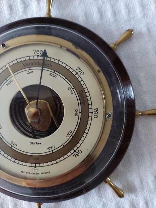 UNIKAT Barometr koło sterowe mosiądz mahoń jacht FISCHER NIEMCY