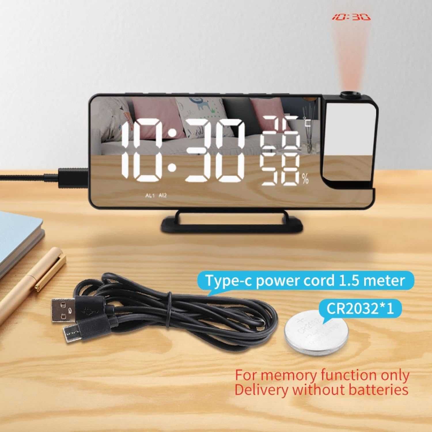 Cyfrowy zegar projekcyjny, radio FM, budzik, port USB – LED lustro