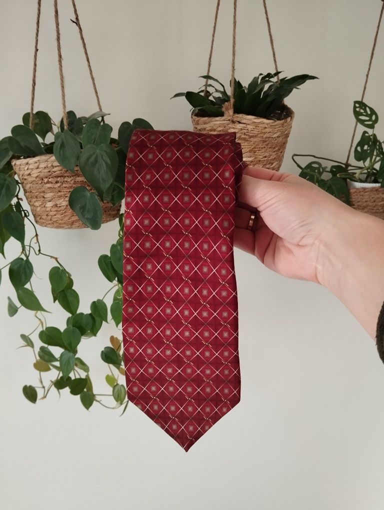 Krawat jedwabny 100% silk bordowy, burgundowy, we wzorki, romby 9,5 cm