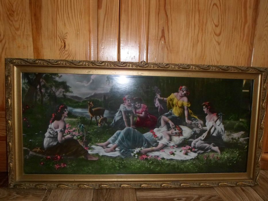 "Scena rodzajowa" - obraz, stary oleodruk w ramie drewnianej za szkłem