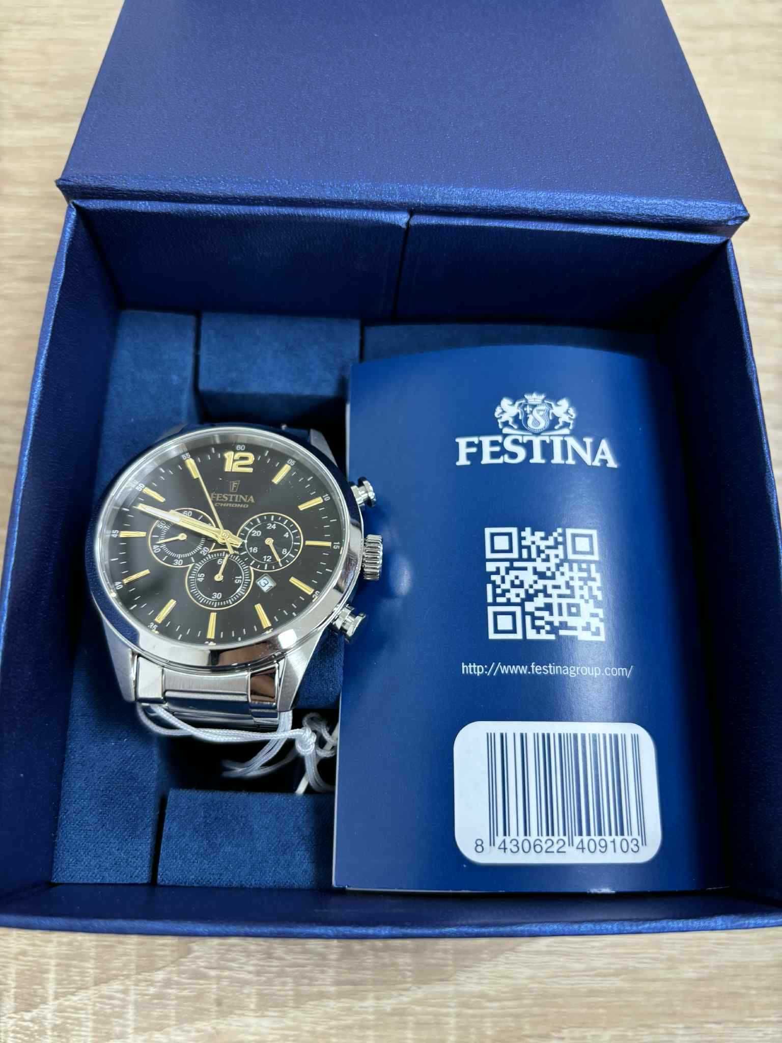 Festina F20343/4 – Czarna tarcza z detalami w złocie. okazja!!