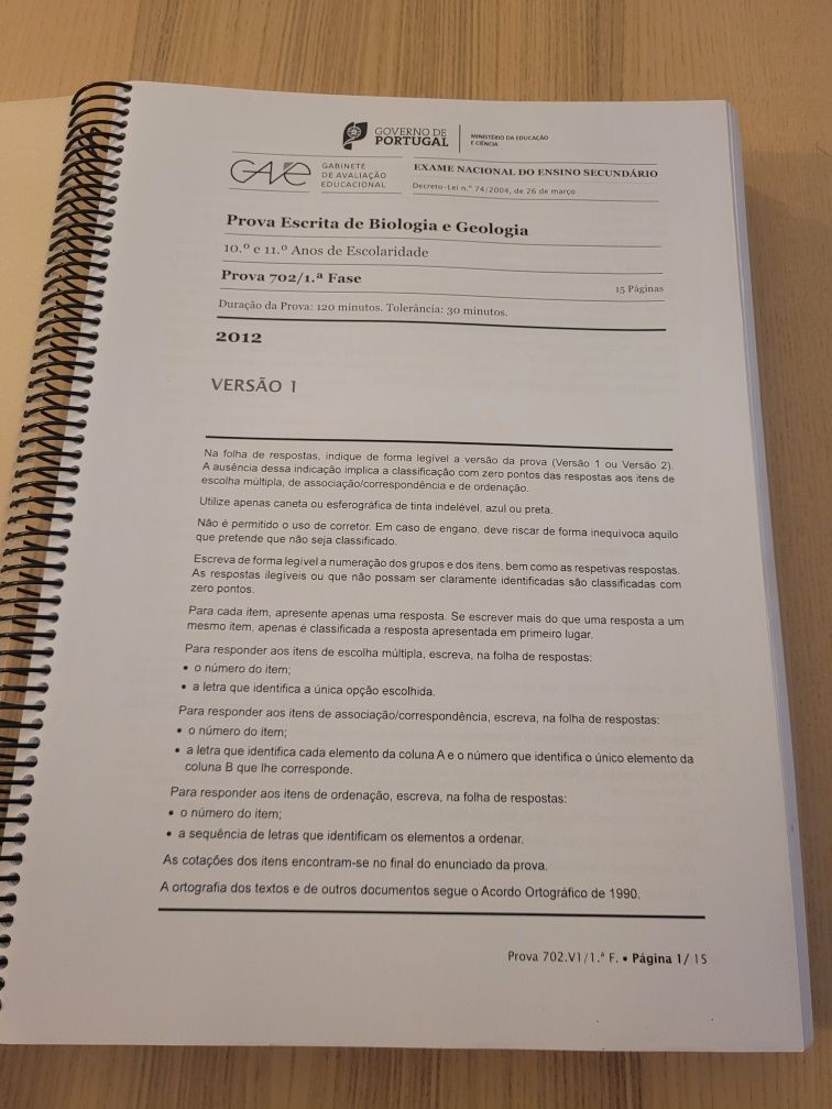 Caderno com Exames Nacionais Biologia e Geologia 10° e 11° - 2012 à 20