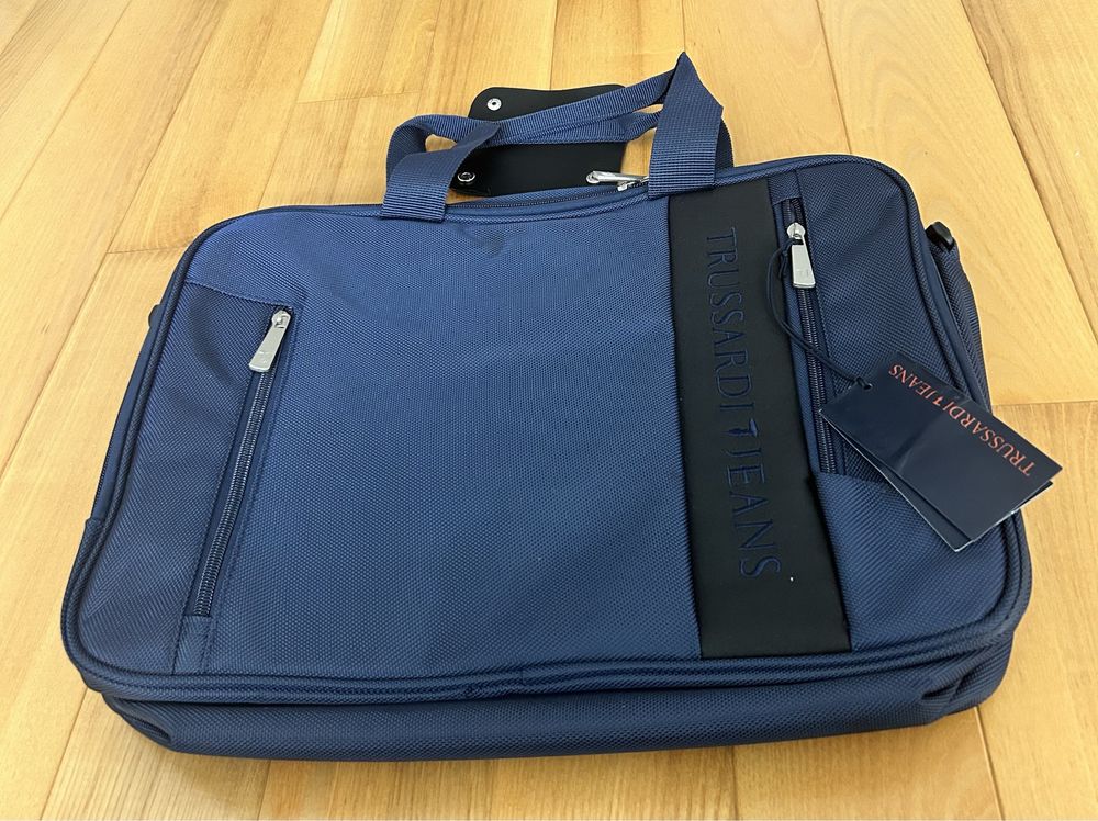 TRUSSARDI JEANS Nowa Torba na laptopa męska, materiał, ciemny granat.