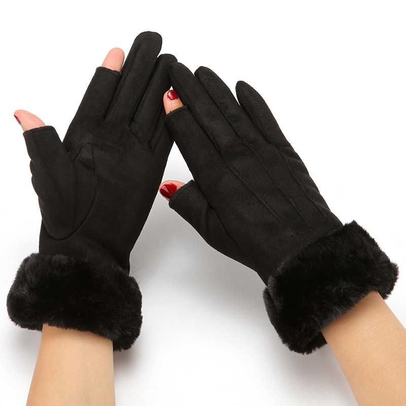 NOWE Czarne zamszowe rękawiczki z futerkiem pięciopalczaste