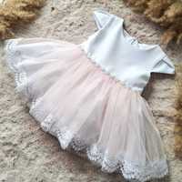Sukienka tiulowa dla dziewczynki ozdobne koraliki biel-róż chrzest