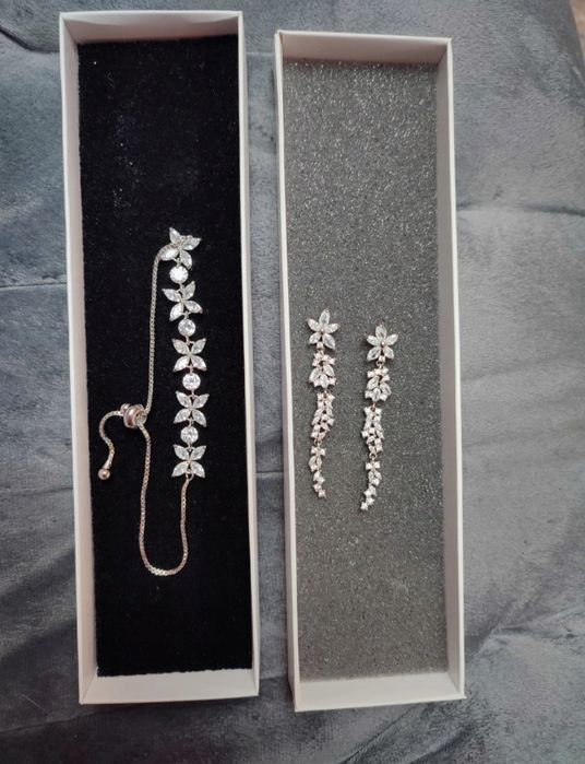 Zestaw biżuteria ślubna srebrna komplet bransoletka i kolczyki