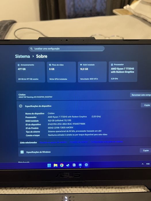 Notebook gamer Asus A15 RTX 4060 ryzen7