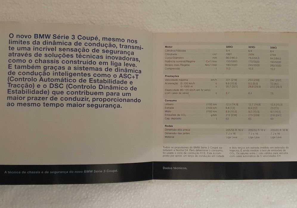 Pequeno Catálogo desdobrável do automóvel BMW Série 3 Coupé - 1999/00