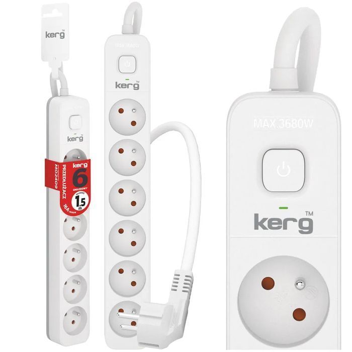 Przedłużacz Kerg z wyłącznikiem 6 gniazd z uziemieniem 1,5m 16A M02409
