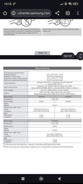 Telewizor TV SAMSUNG 32 całe - LE32D400E1W
Model Code: LE32D400E1WXZT
