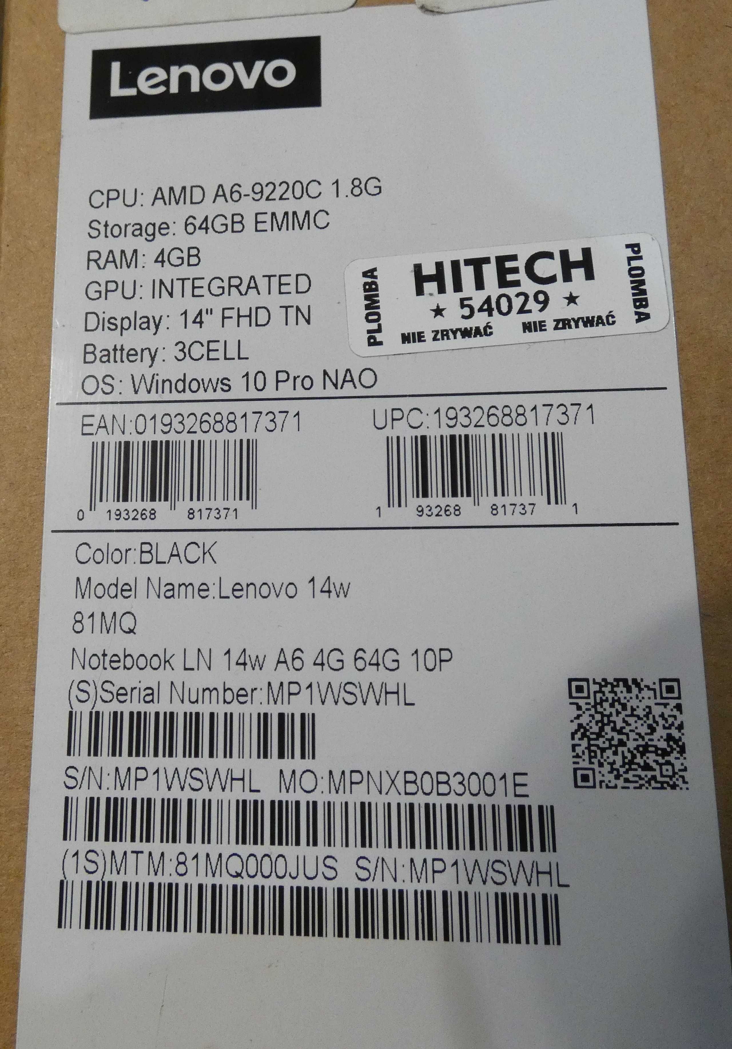 Laptop Lenovo FHD A6-9220C 14"