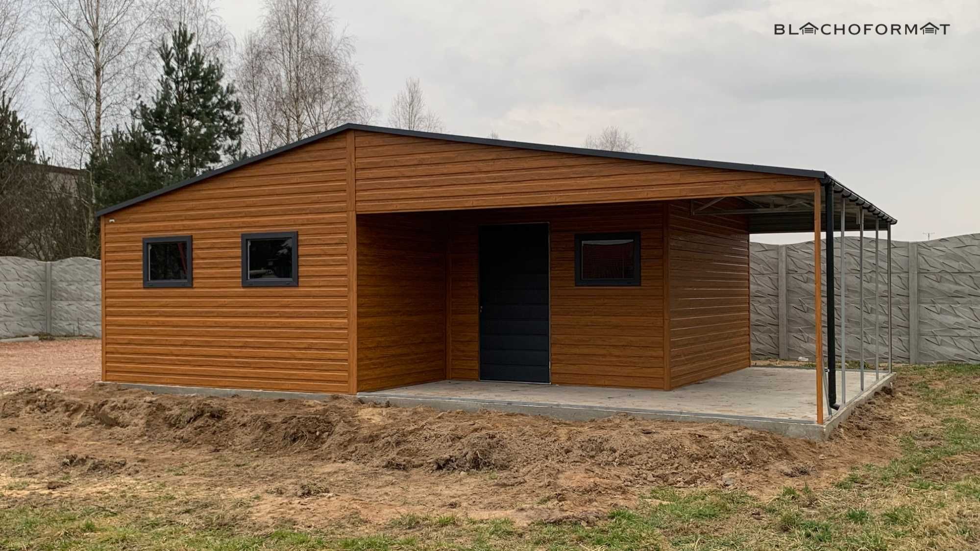 Garaż blaszany 6x5 + 3x5 wiata drewnopodobny z profila ocynkowanego