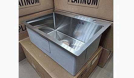кухонная мойка 60-45 см, с дозатором, сифоном, корзиной, платинум