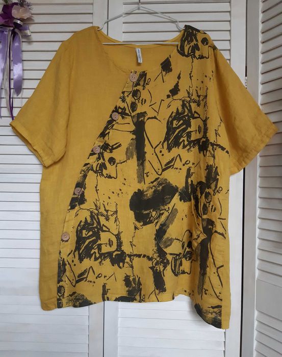 Уникальная блуза лен принт лица большого размера италия new collection