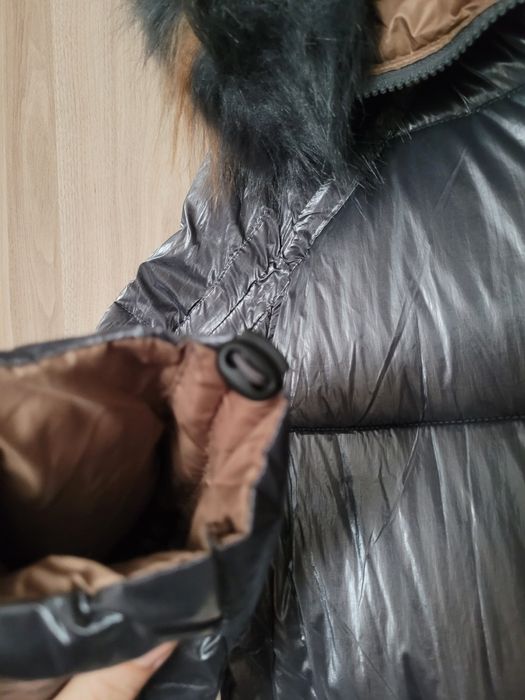 Zimowa dwustronna kurtka oversize M grafitowo beżowa nowa futerko