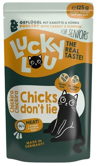 Karma dla starszych kotów bez GMO, cukru i zbóż - Lucky Lou DRÓB 125g