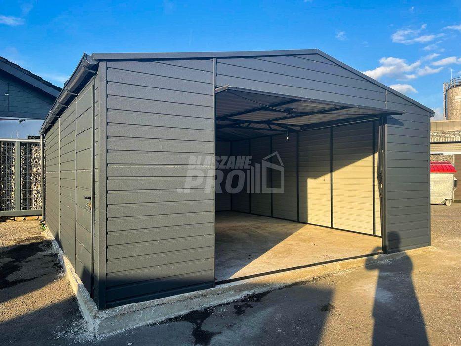 Garaż blaszany 5x7 Brama + drzwi  Antracyt  Dach dwuspadowy GP106