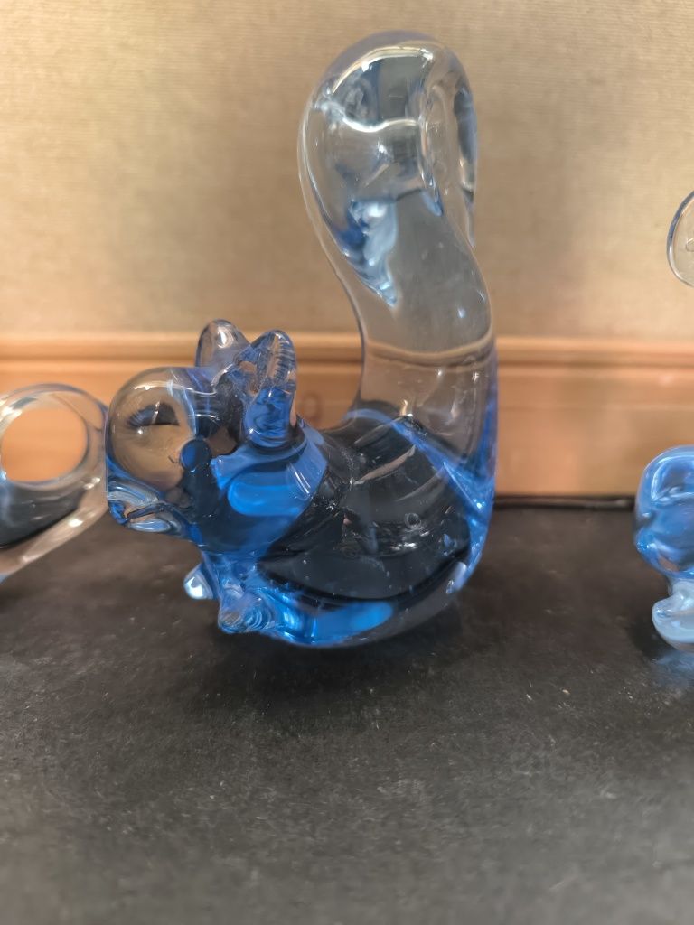 3 Figurines Vidro Azul - Gato, Esquilo, Rato
