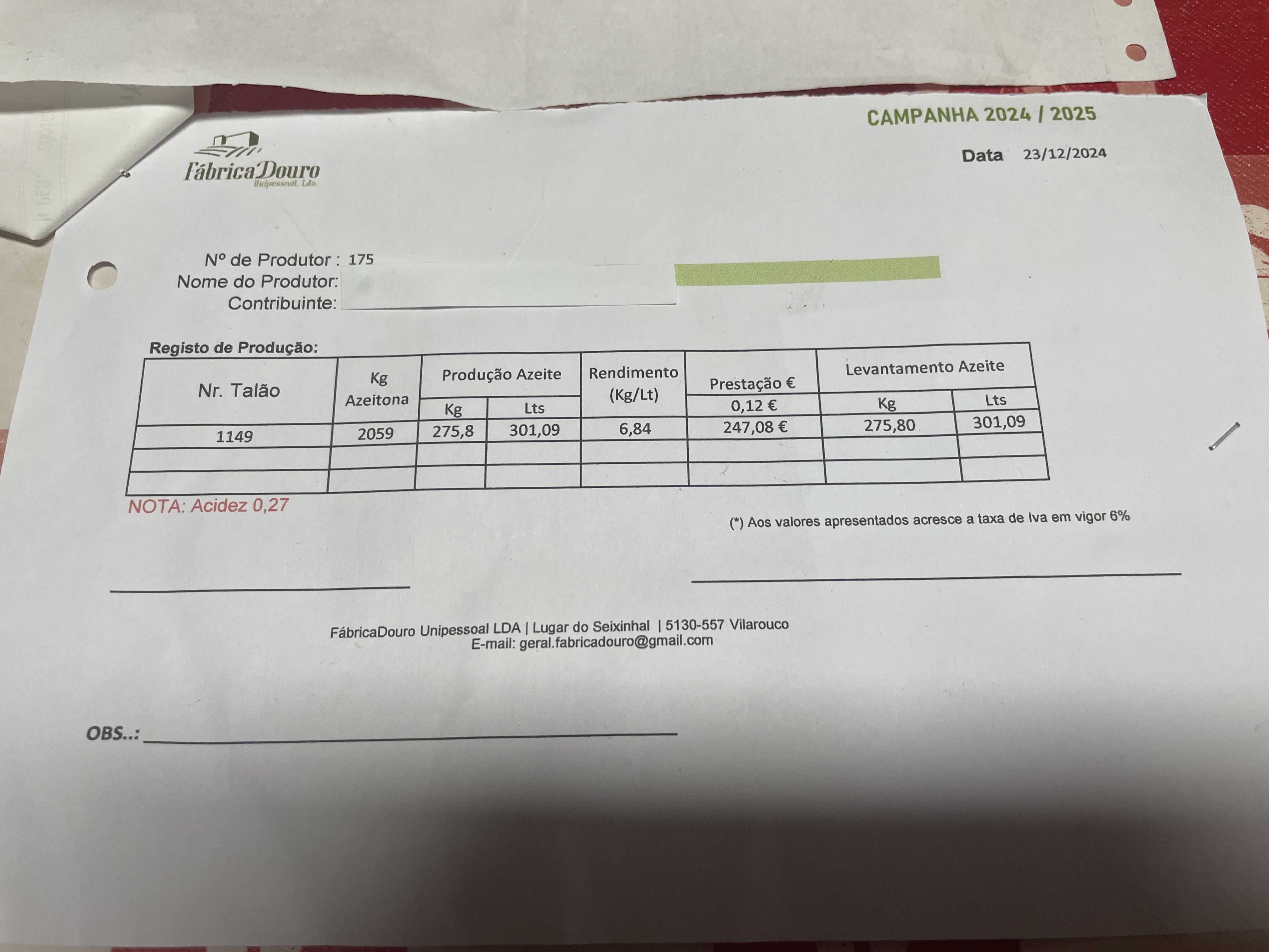 Azeite Virgem Extra (Acidez 0,27 ) Douro //  Sem produtos químicos