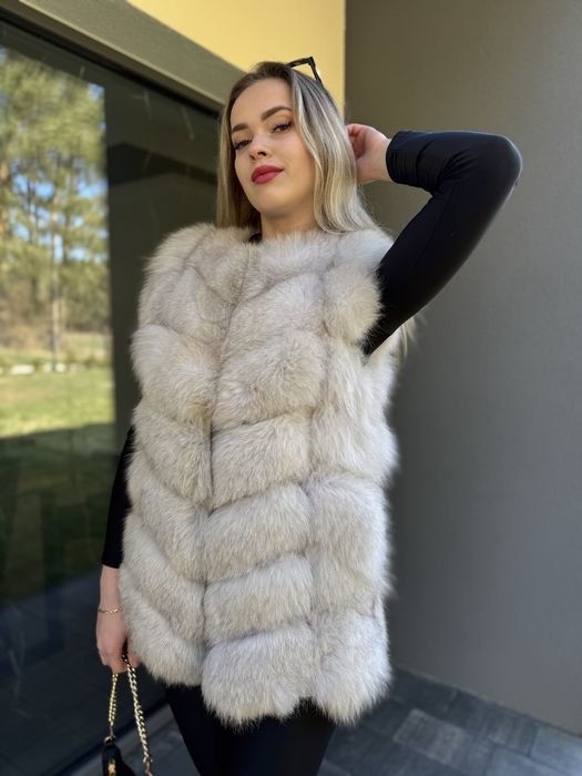 Kamizelka z lisa białego futro naturalne zamsz skóra s/m
