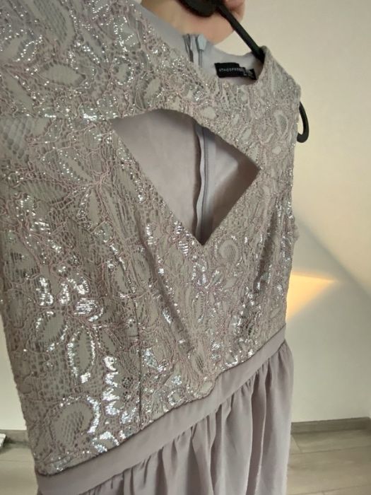 Sukienka srebrna miętowa szara z wycięciem elegancka zwiewna S 36