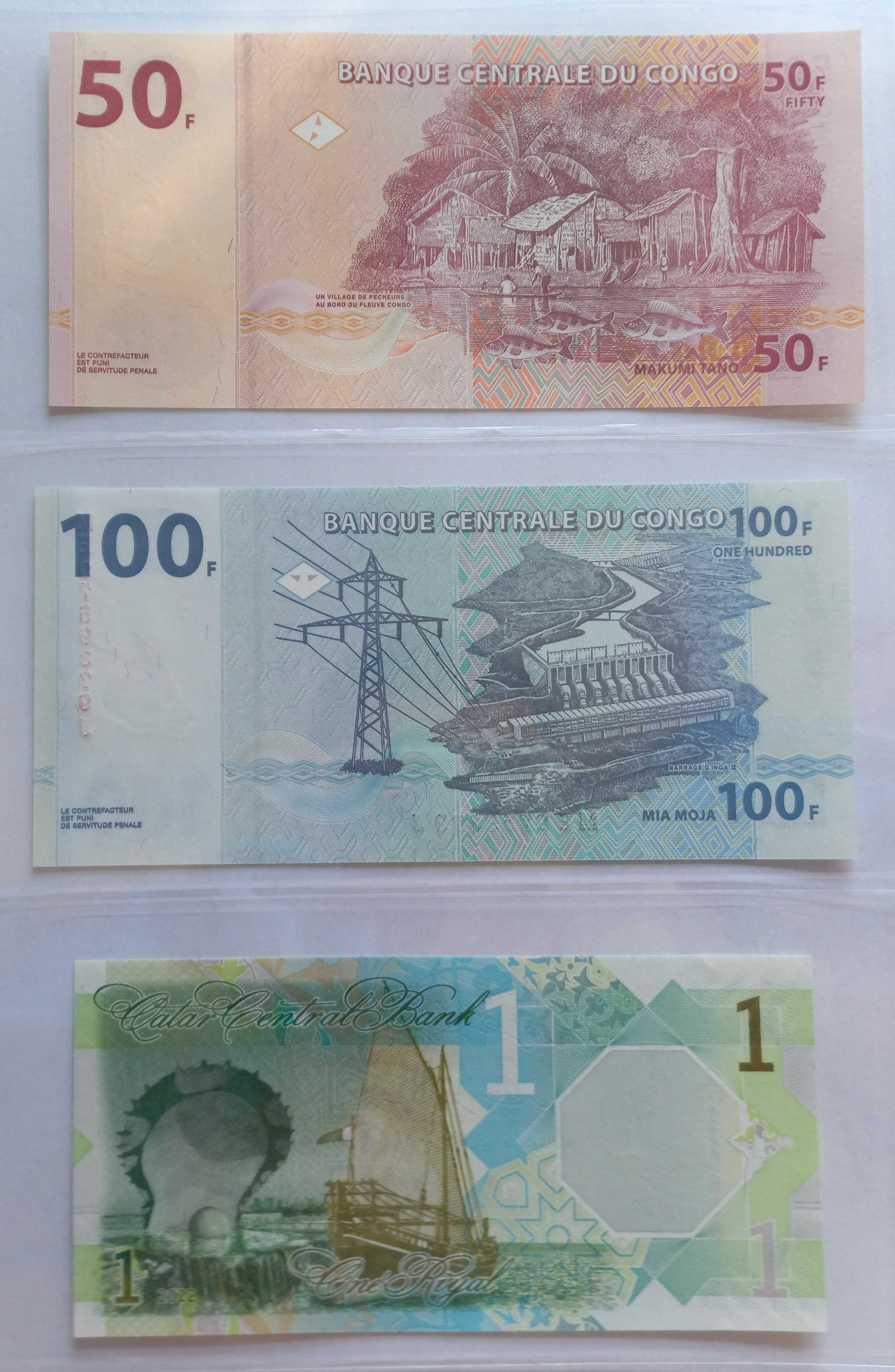 Banknoty - Kongo plus Katar. UNC