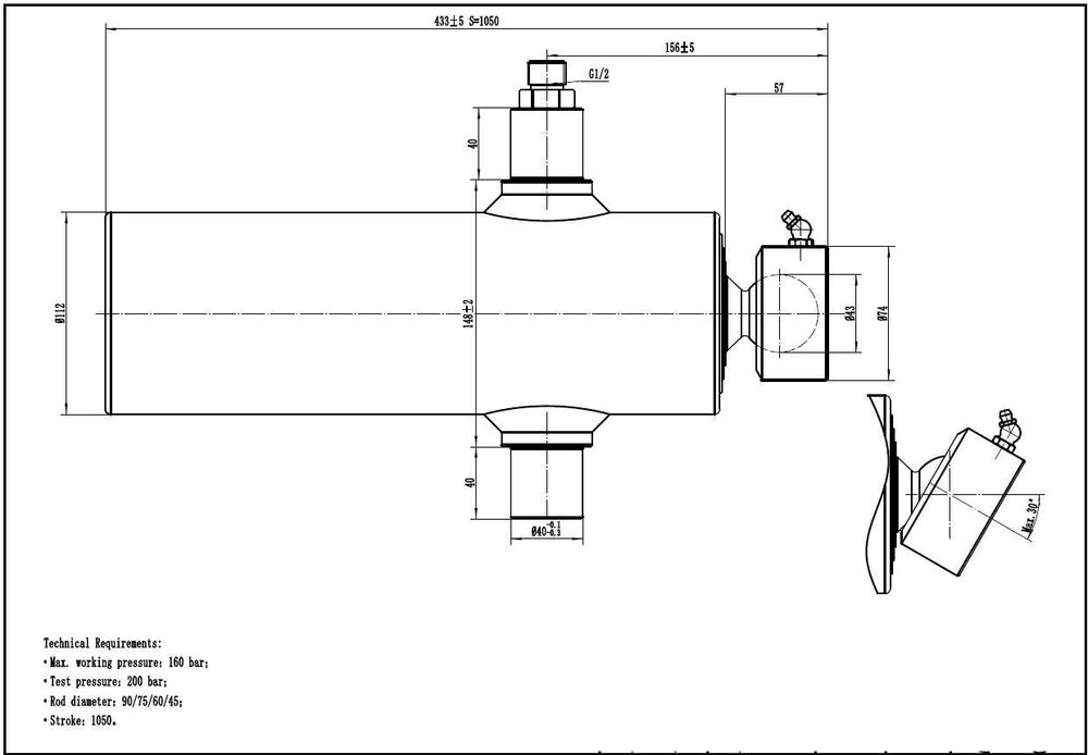 Siłownik wywrotu 6/12 ton skok 1050mm wysokość 433 do iveco sprinter