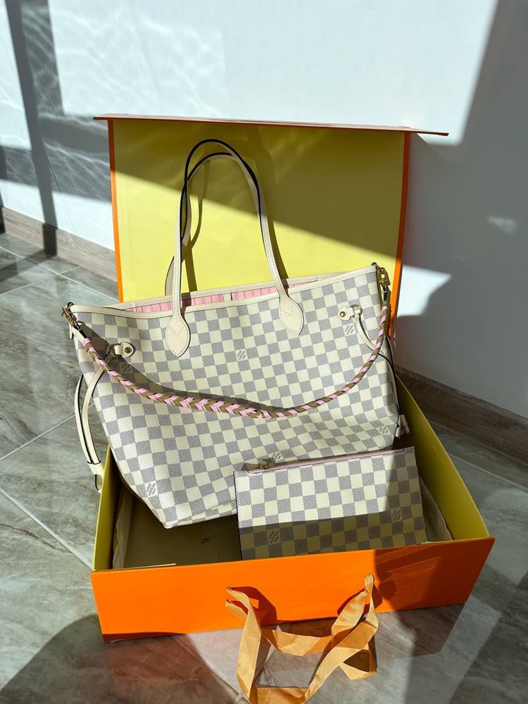 ЗНИЖКА!Жіноча молочна сумка Lv Neverfull MM/В наявності Premium канва