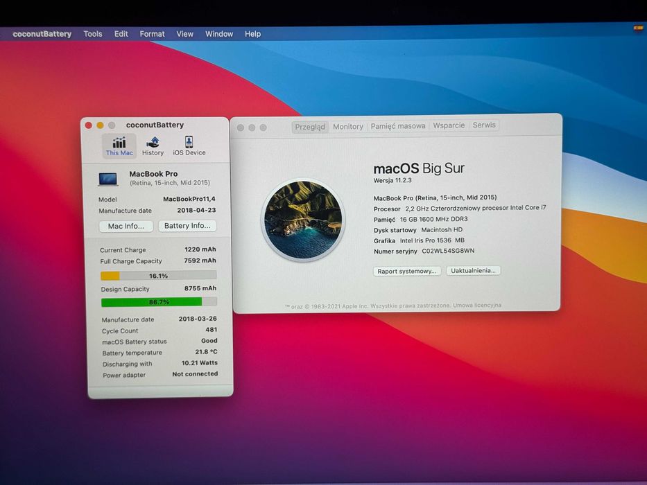 MacBook Pro 15 2015 i7 16/256GB 87% Kondycji Baterii Gwarancja