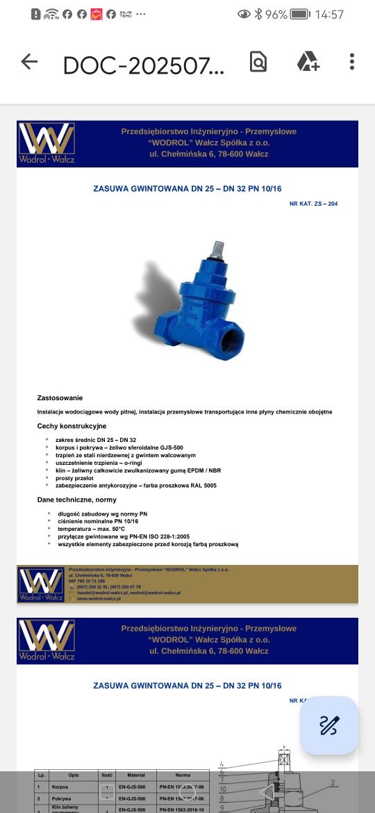 Zasuwa zawór gwintowana DN 25-32 PN 10/16 EODROL WAŁCZ