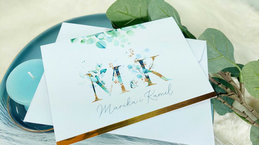 Zaproszenia Ślubne EUKALIPTUS złoty pasek GOLD zaproszenie ślub kopert