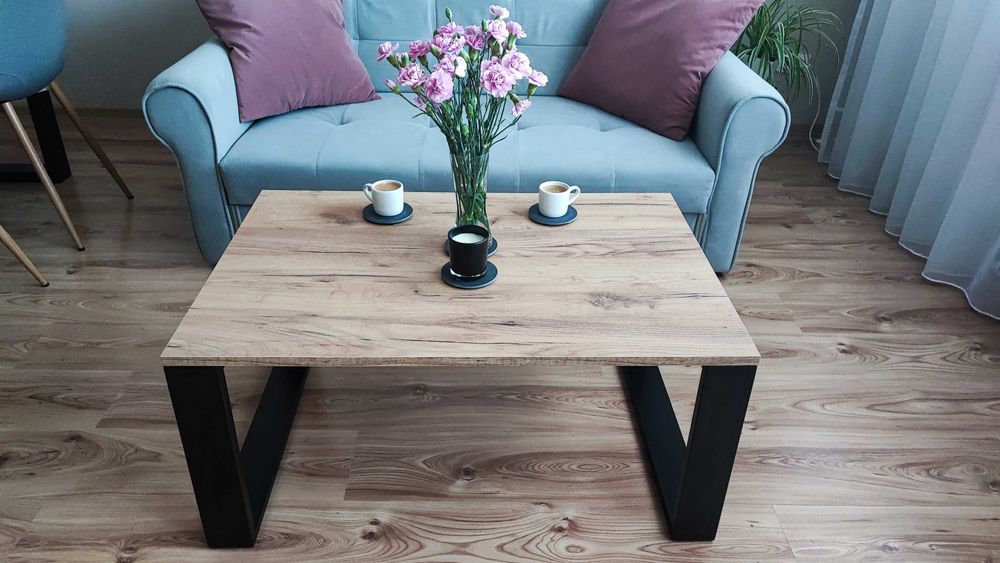 Stolik kawowy Loft 90x60cm czarna stal z blatem w kolorze złotego dębu