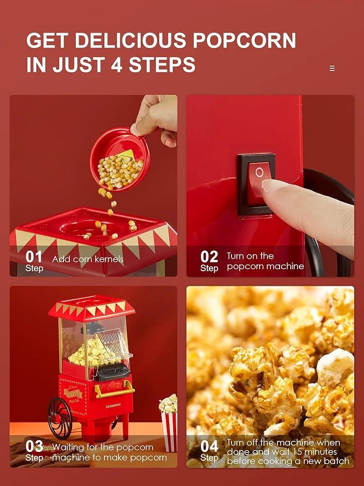 Cozeemax maszyna do popcornu w stylu retro, 1200 W,