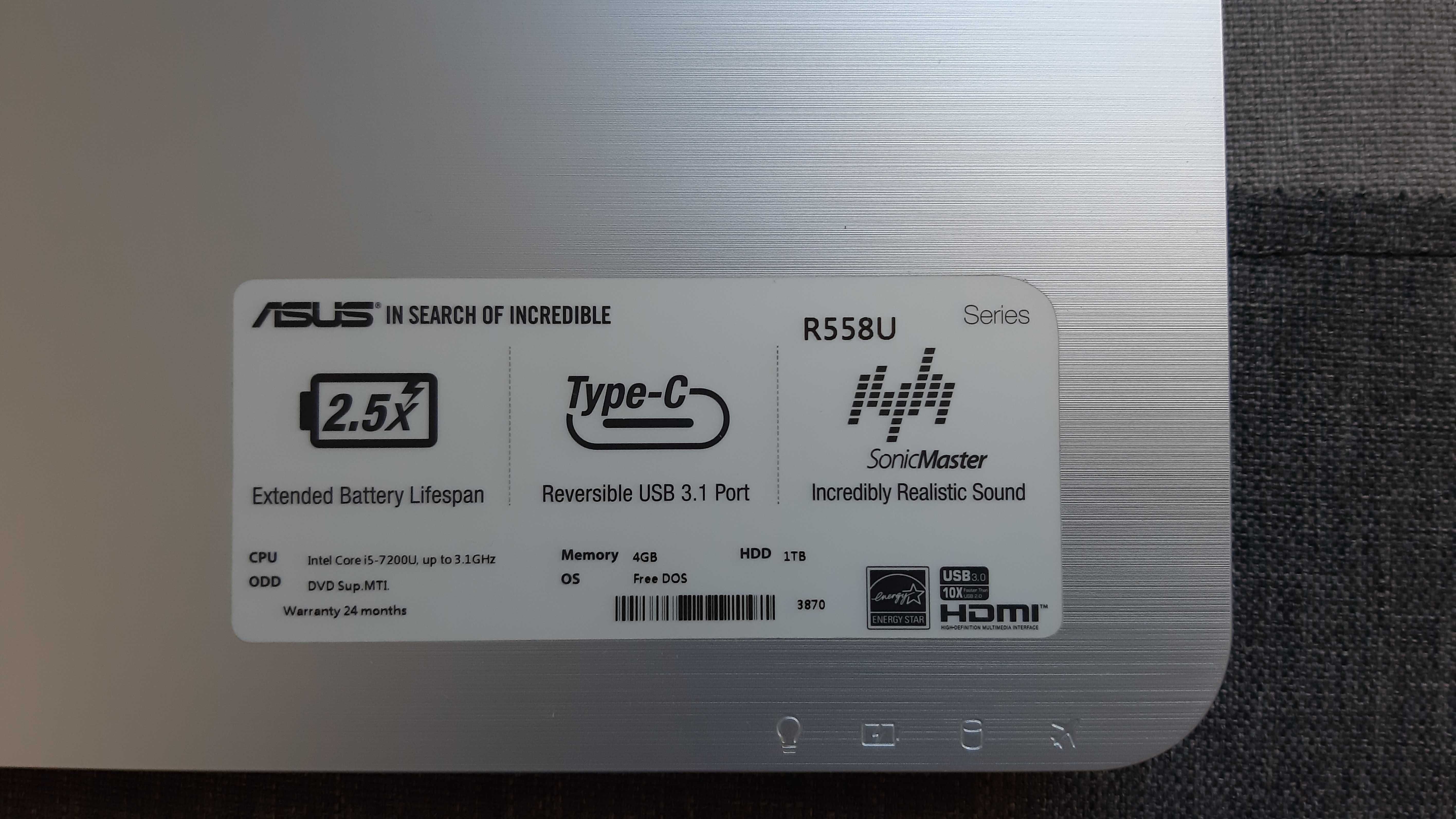 ASUS R558U/i5 7gen./DDR4/FULLHD +Torba +Mysz bezprzewodowa