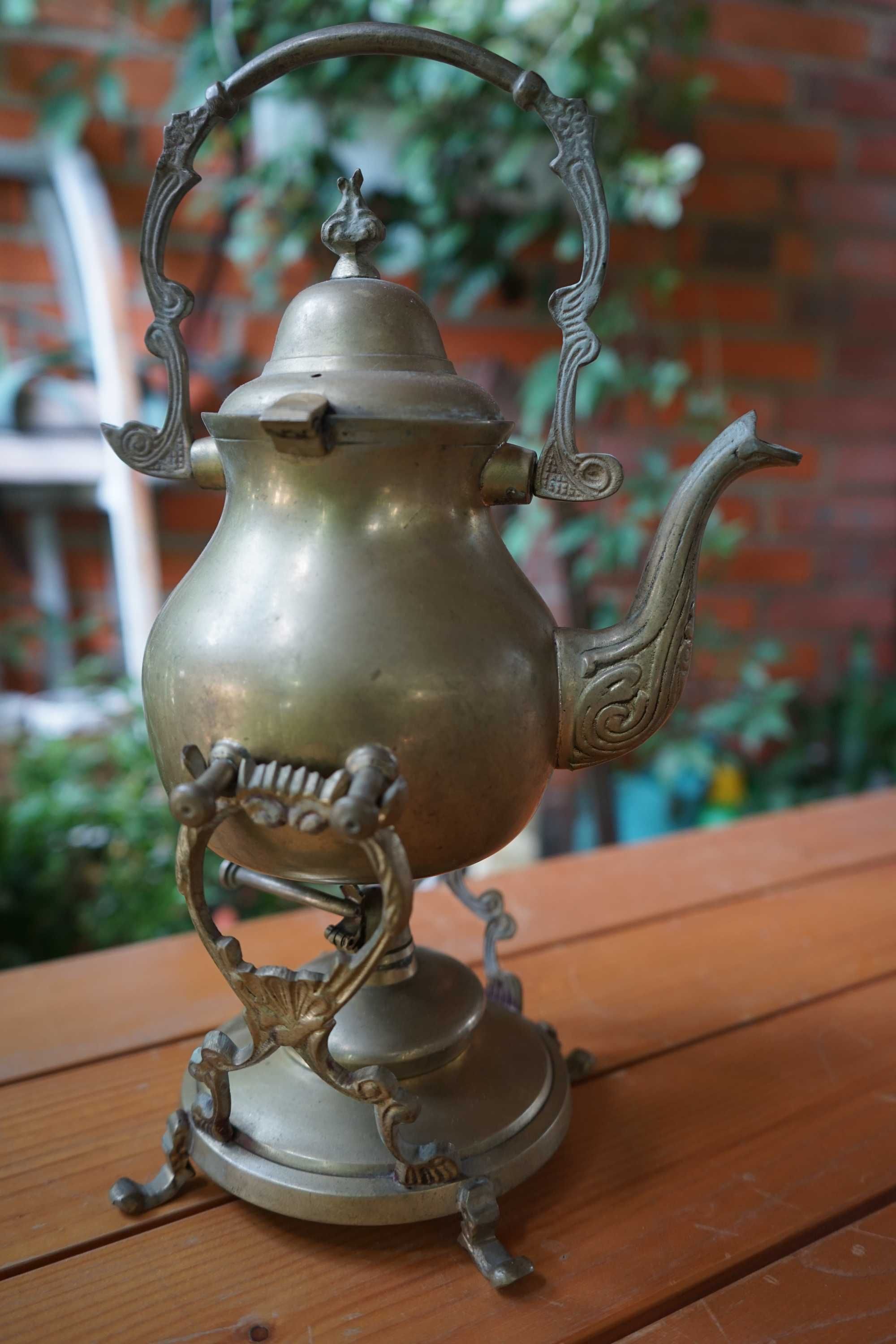 ANTYK staroć metal mosiężny imbryk z podgrzewaczem czajnik herbaciarka
