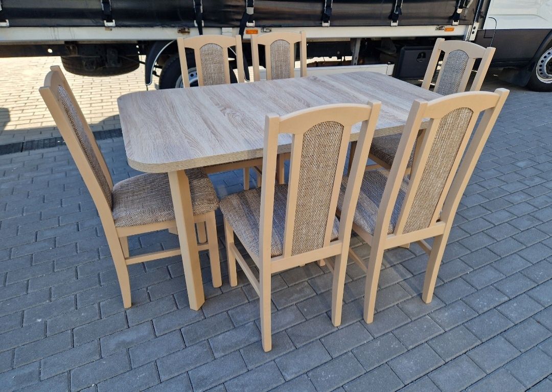 Nowe: Stół 80x140/180 + 6 krzeseł, sonoma + cappuccino , transPL