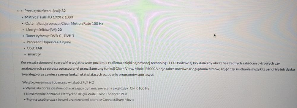 Telewizor Samsung 32'' Smart TV LED FULL HD model UE32F5000AW