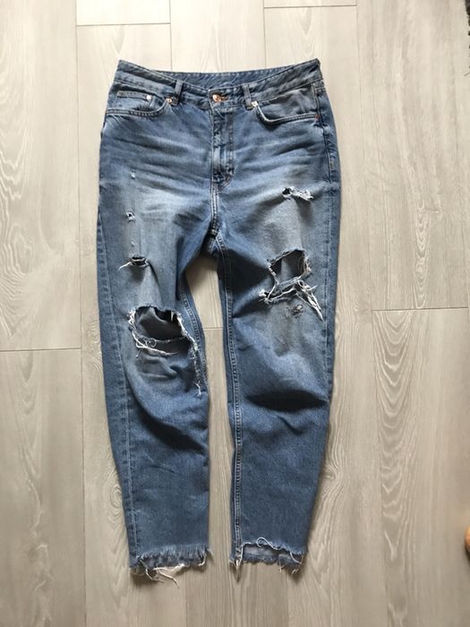 Jeansy mom wysoki stan rozdarcia h&m dziury high straight waisted r 40