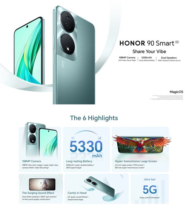 Honor 90 Smart 5g c/novo capa e película sem riscos ou anomalias