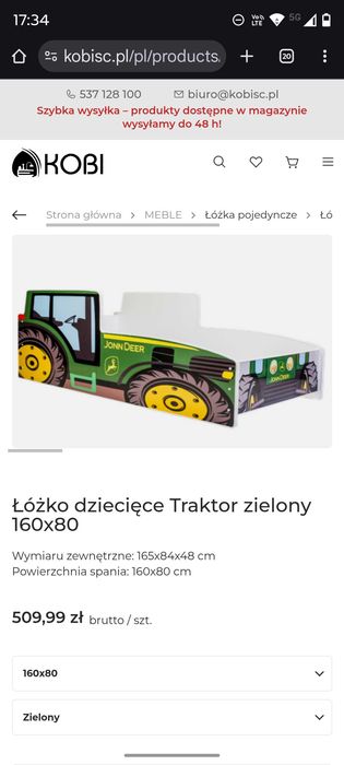 Łóżko chłopięce w kształcie traktora John Deere
