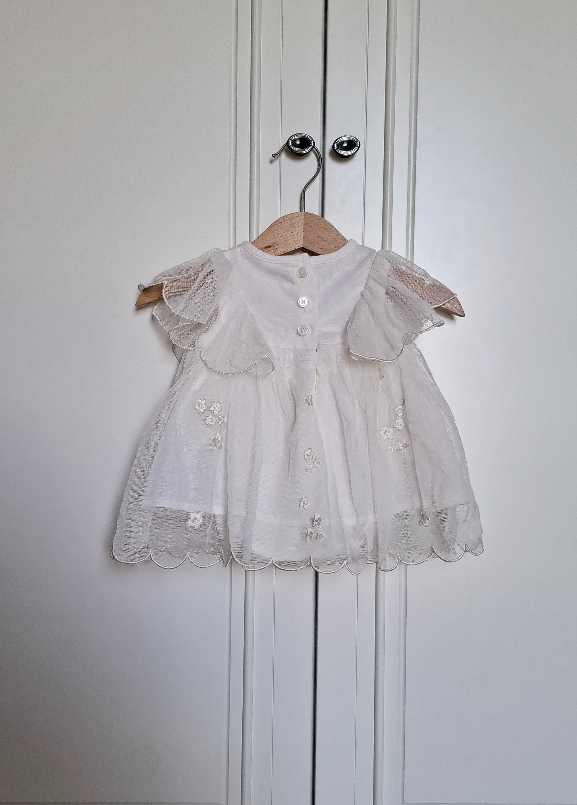 Sukienka chrzest chrzciny ecru krem 56 H&M koronka haft krótki rękaw