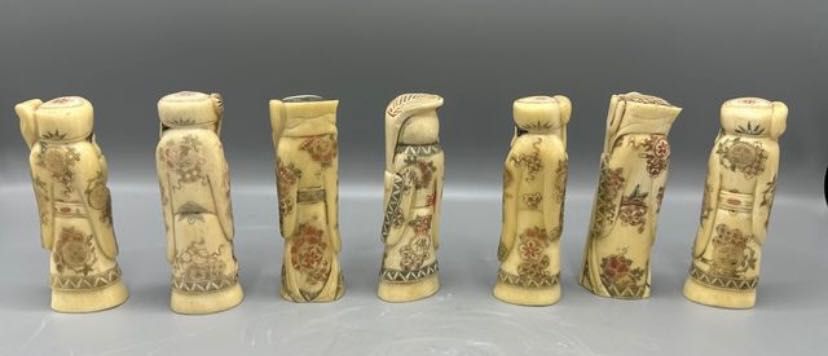 Raro conjunto esculturas sete imortais em osso