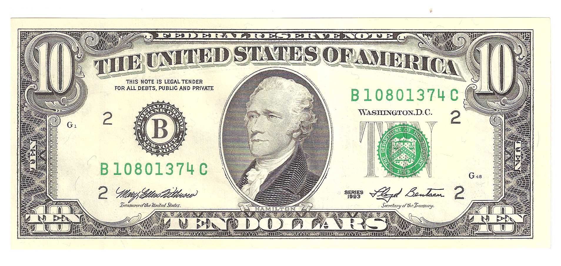 Банкнота США 10 Долларов 1993 год UNC