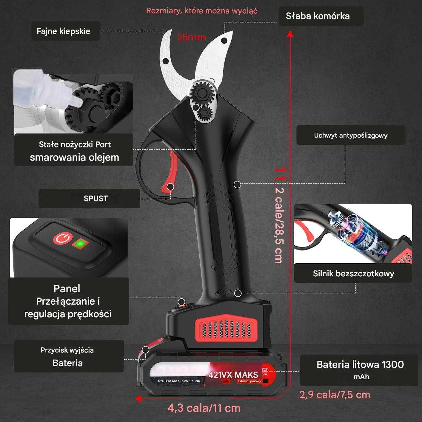 Sekator elektryczny akumulatorowy 1200W 21V 2 x bateria nożyce