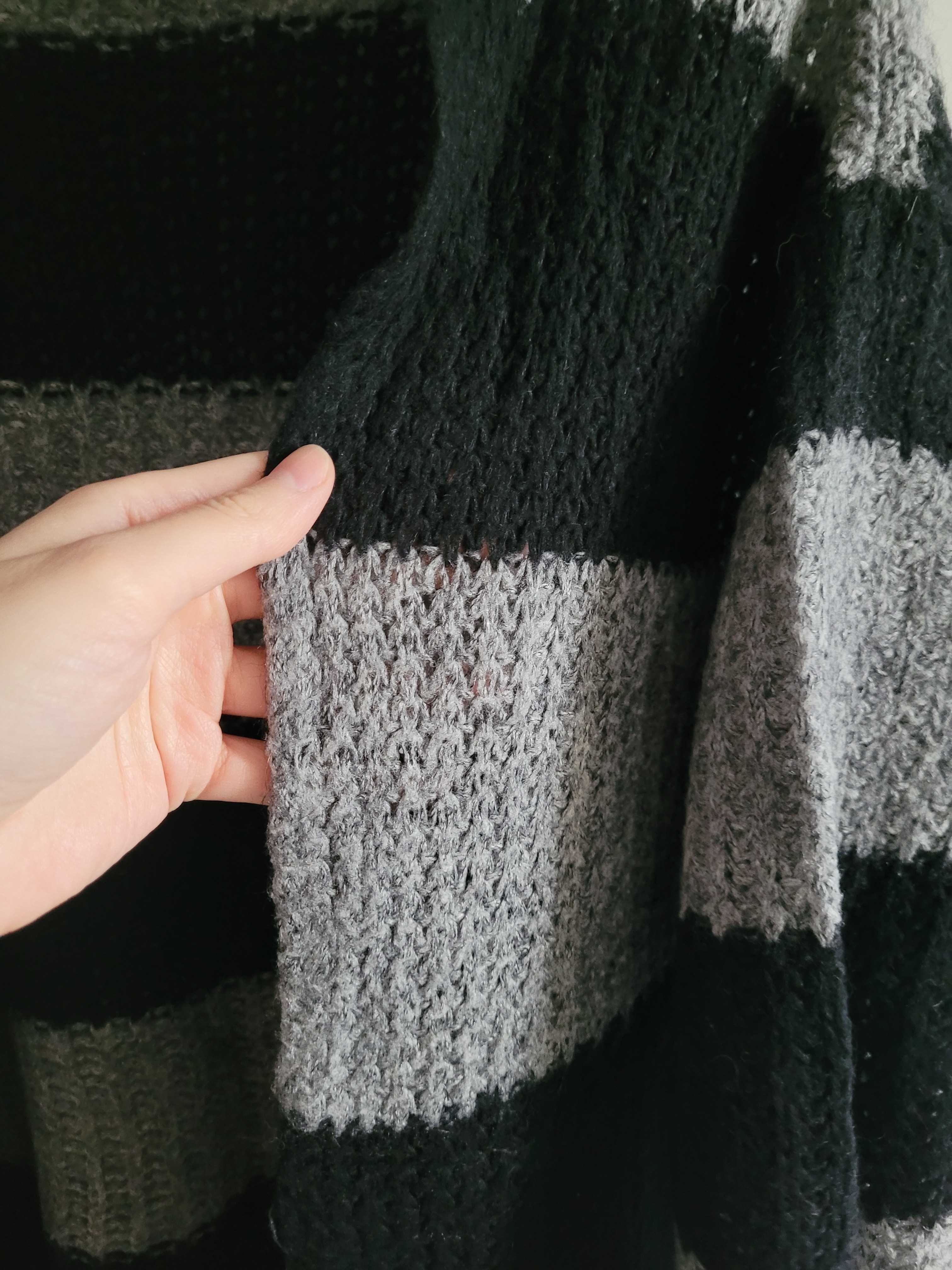 Zara Knit kardigan czarny szary paski wełna narzutka sweter S M L goth