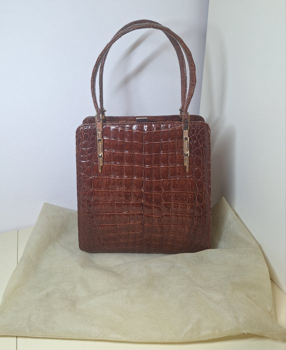Шкіряна вінтажна сумка з шкіри крокодила рептилія саквояж тоут ридикюл